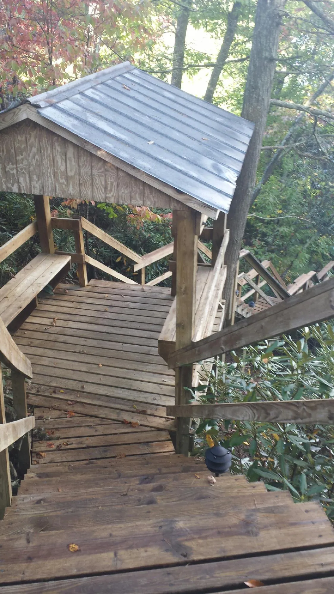 Metal roofed shelter over wooden steps on a wooded walkway — Skylight Repair & Installation work by our crew in Bradley